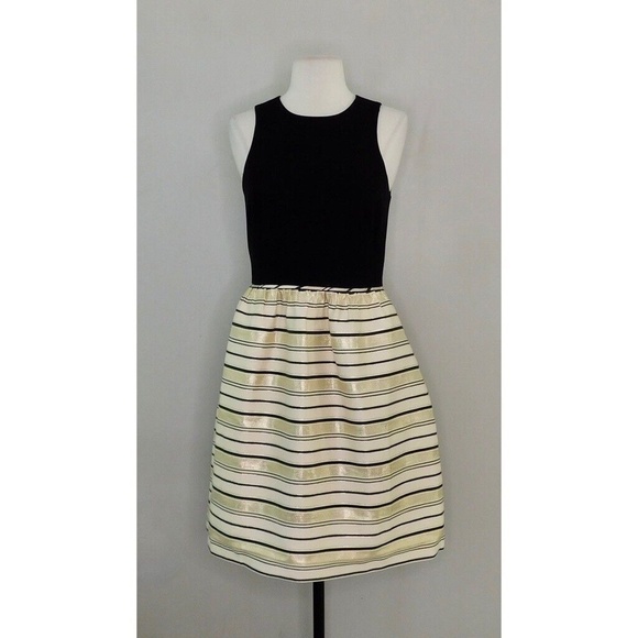 J. CREW Cupcake Fit & Flare Cocktail Party Dress Metallic Gold Black Stripe Silk - Picture 3 of 15